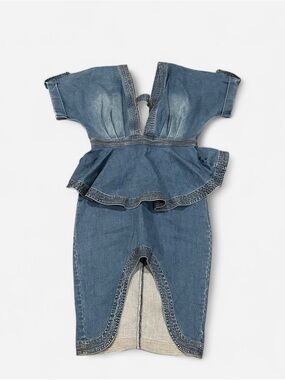 L'ATISTE Blue Denim Midi Dress with Peplum